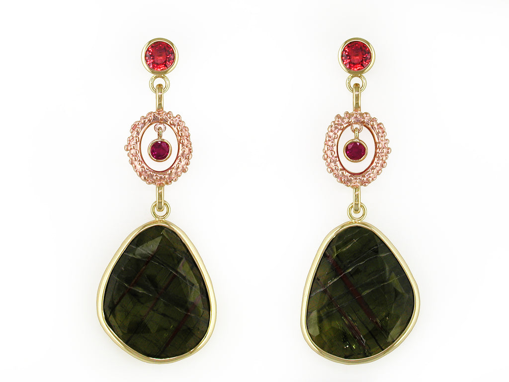SAPPHIRE, RUBY & GREEN TOURMALINE EARRINGS