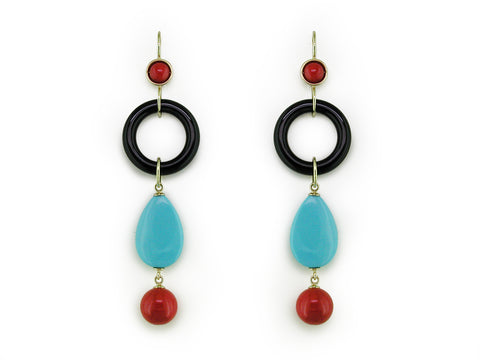 CORAL, TURQUOISE & BLACK ONYX DROP EARRINGS