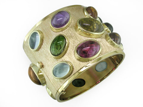 YELLOW GOLD CUFF BRACELET WITH MULTICOLOR CABOCHON TOURMALINES