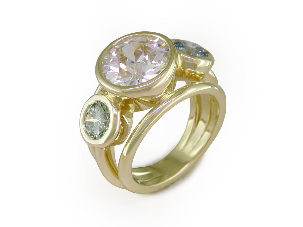 DIAMOND RING WITH MINT SAGE GREEN & ICE AQUA DIAMOND SIDE STONES