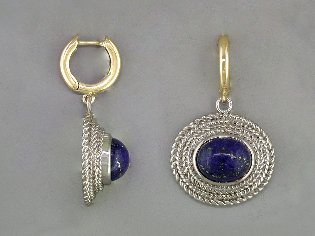 SMALL GOLD HOOP EARRINGS WITH LAPIS DROPS