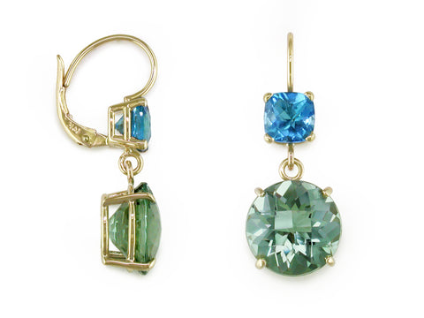 BLUE TOPAZ & PRASIOLITE EUROWIRE DROP EARRINGS