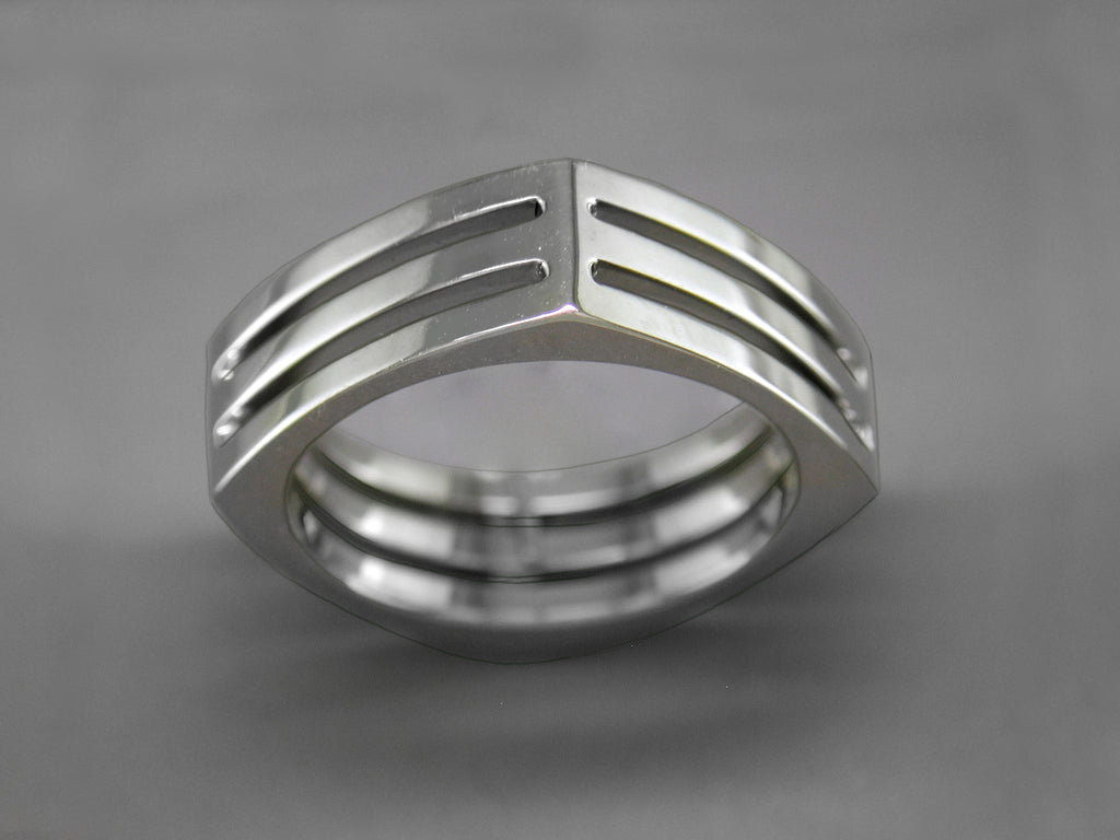 WHITE GOLD WEDDING BAND WITH SQUARE SHANK AND OPEN SLOT ELEMENT