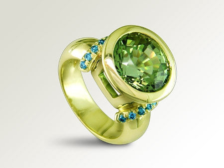 GREEN TOURMALINE & BLUE DIAMOND RING