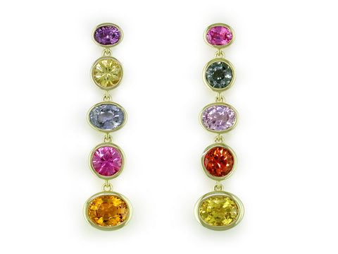 MULTICOLOR OVAL & ROUND SAPPHIRE DROP EARRINGS